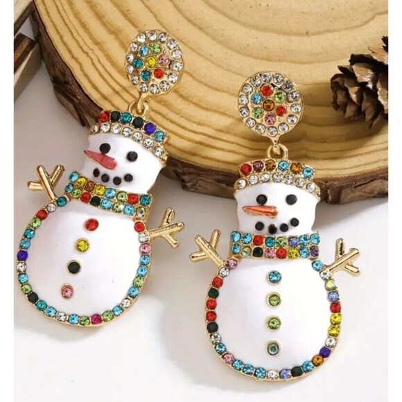 White Enamel Happy Snowman Outlined in Colorful Rhinestones - Picture 3 of 4